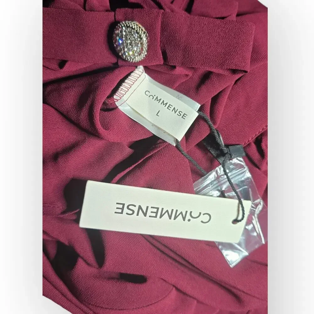 Commense Burgundy Chiffon One Shoulder Top & Skirt Set – Romantic Parisian Bow
